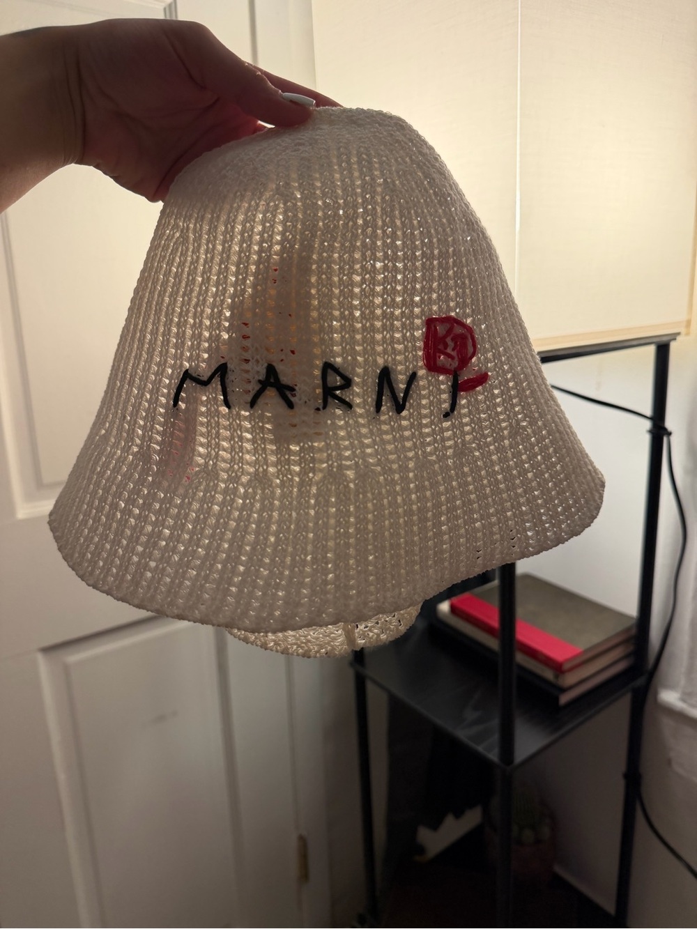 Marni White Crochet Bucket Hat with Small Red Stitching